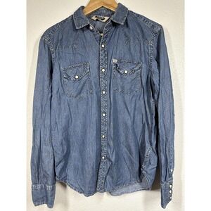 Salt Valley Western Shirt Mens Small Snap Button Long Sleeve Denim Dot Print
